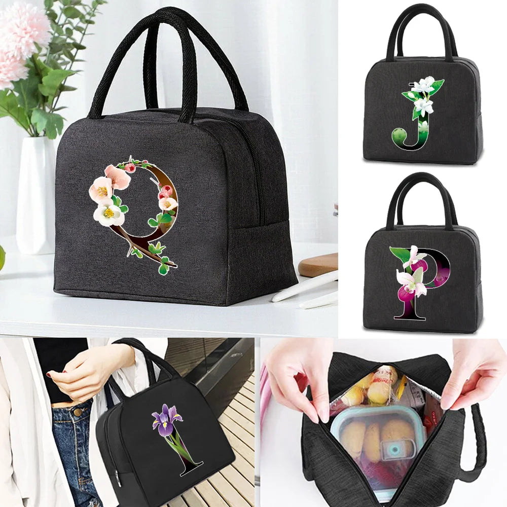 Flower Print Insulated Lunch Bag Portable Thermal Cooler Organizer