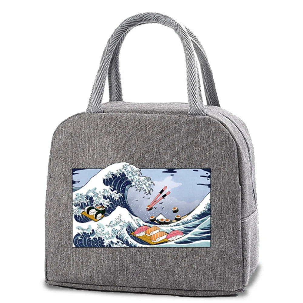 Insulated Cooler Bag Wave Print Canvas Tote Lunch Box