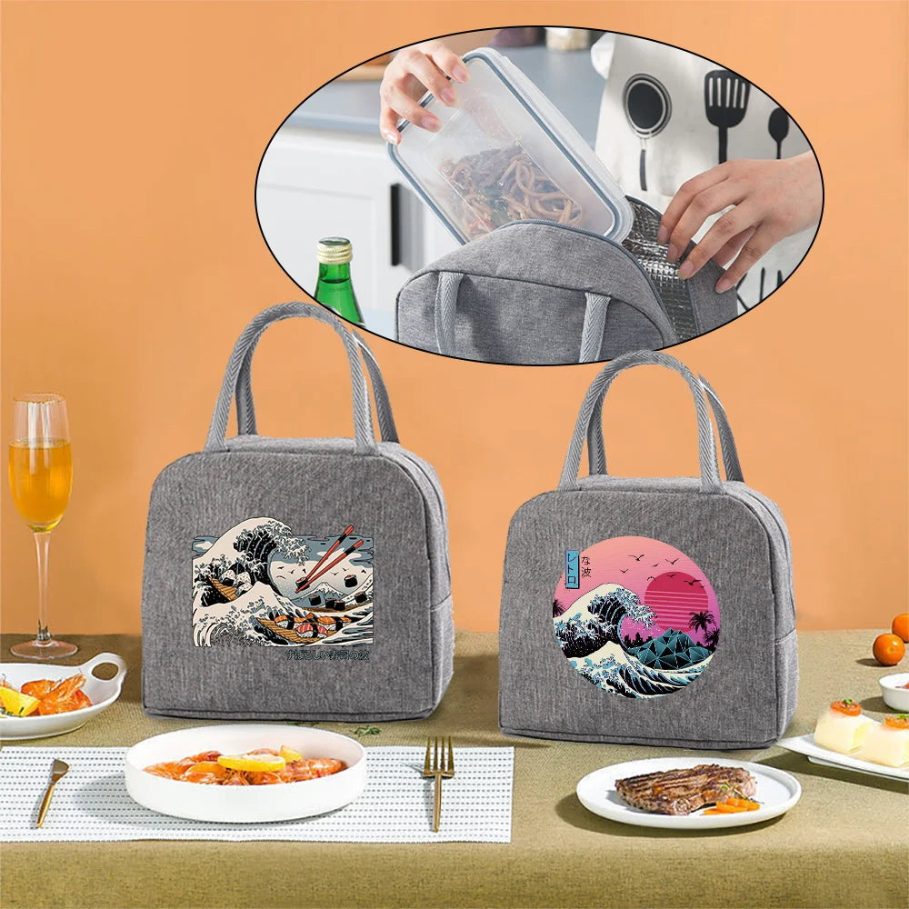Insulated Cooler Bag Wave Print Canvas Tote Lunch Box