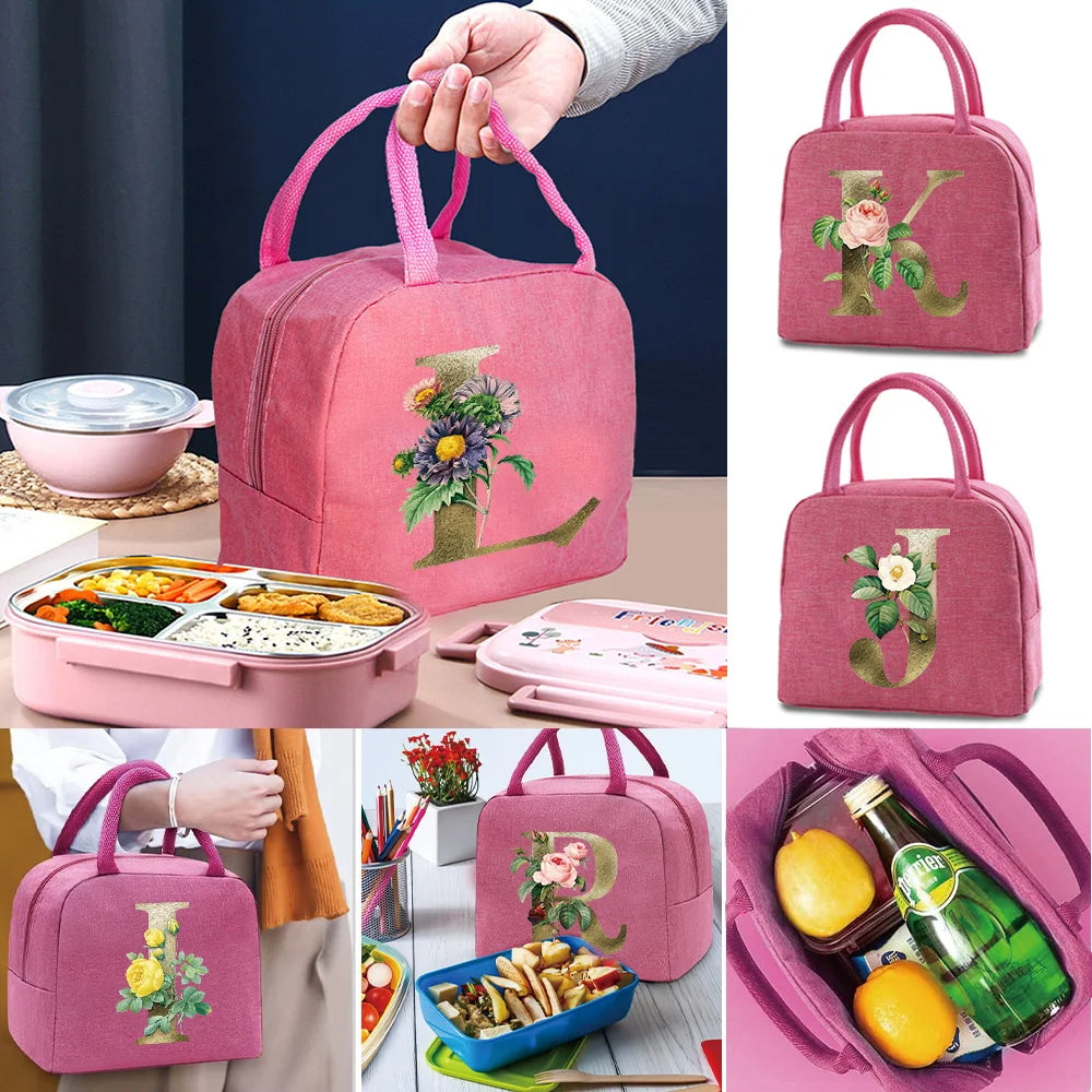 Golden Flower Print Insulated Lunch Bag Tote