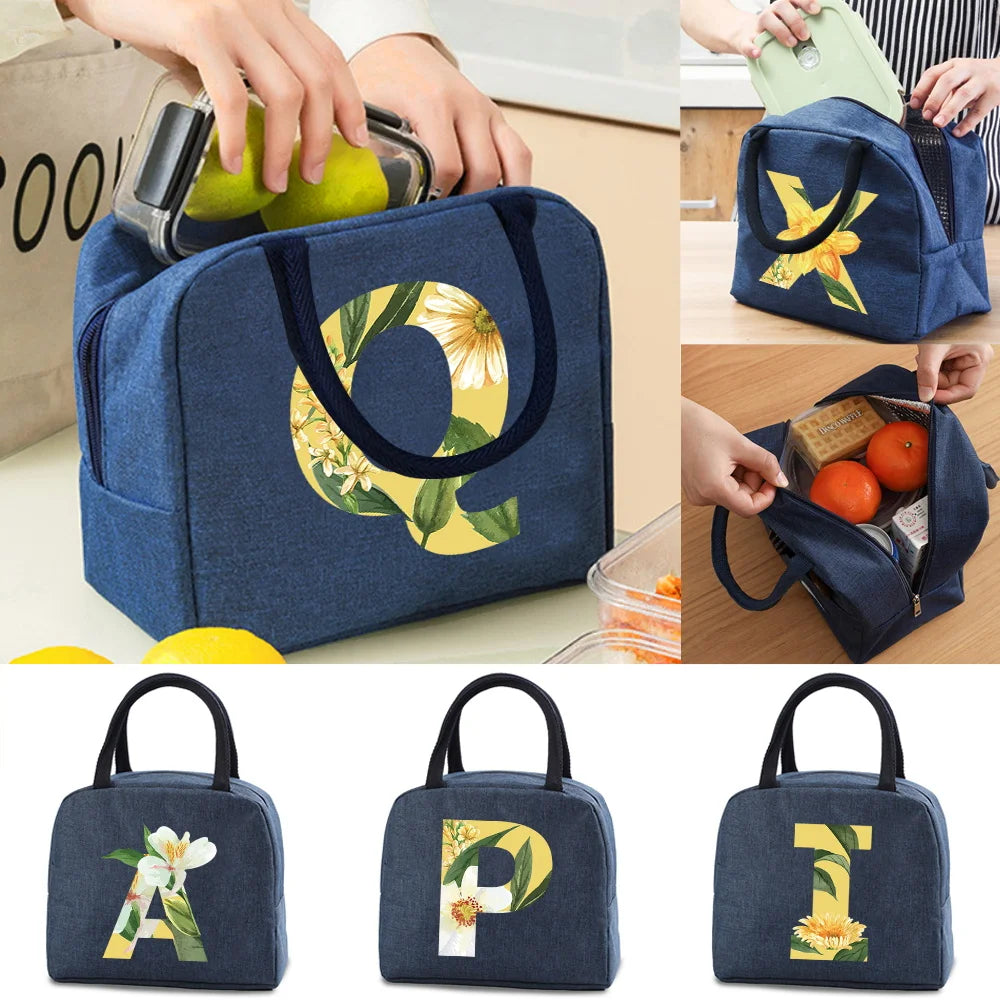 Floral Letter Print Lunch Bag Insulated Thermal Organizer Handbag