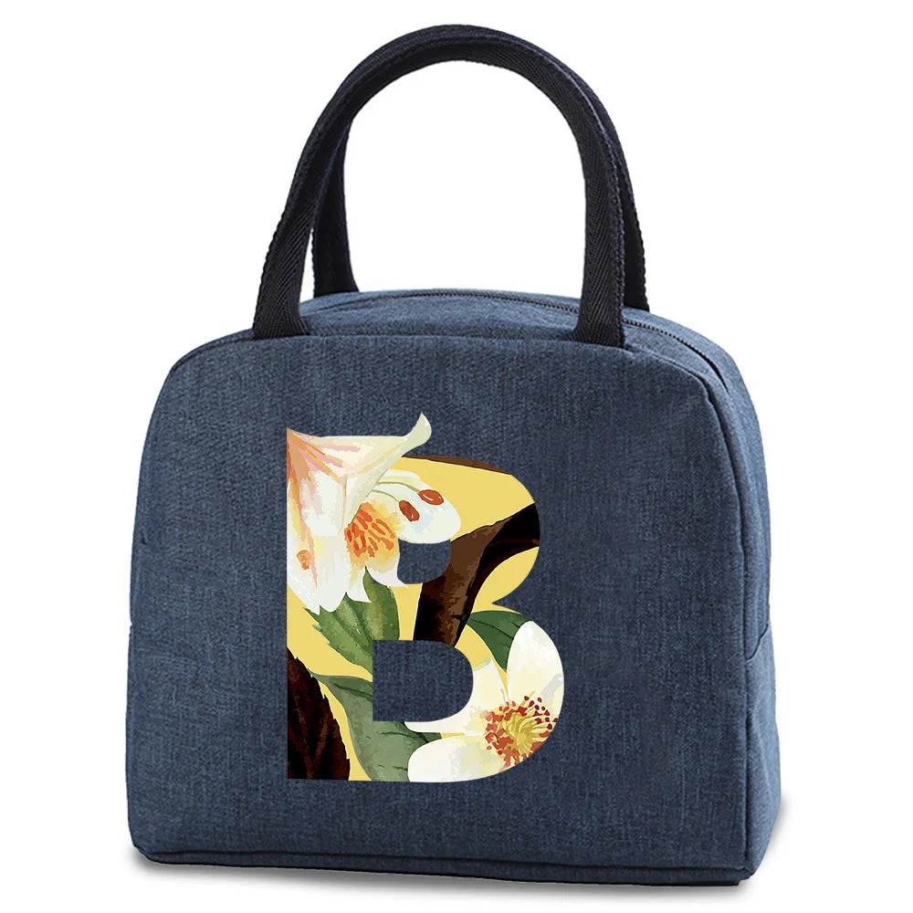 Floral Letter Print Lunch Bag Insulated Thermal Organizer Handbag