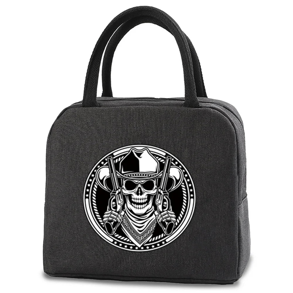Skull Print Insulated Cooler Lunch Bag Canvas Handbag