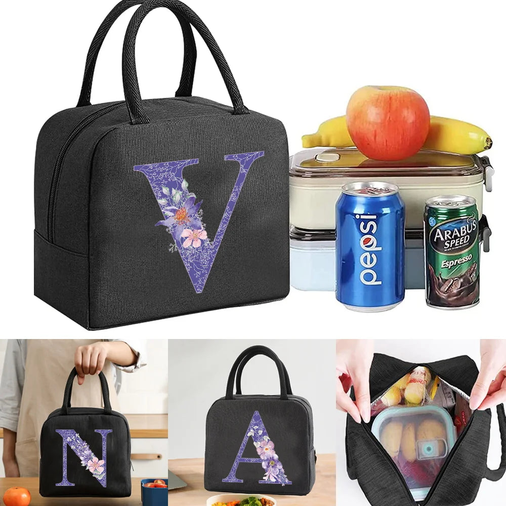Purple Flower Print Insulated Lunch Bag Portable Thermal Food Box