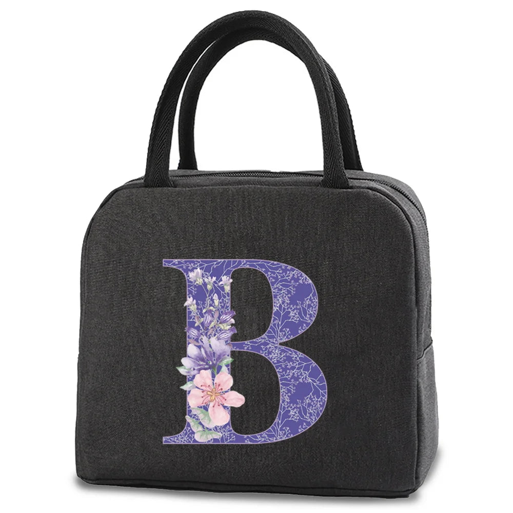 Purple Flower Print Insulated Lunch Bag Portable Thermal Food Box