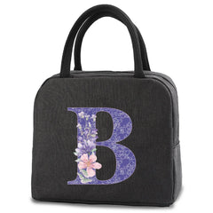 Purple Flower Print Insulated Lunch Bag Portable Thermal Food Box
