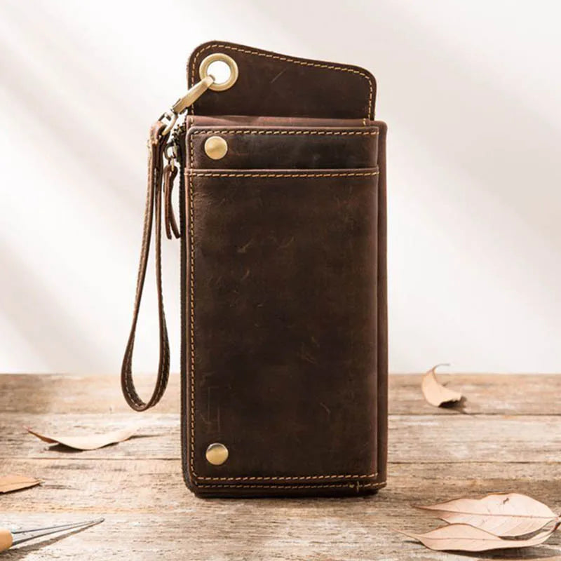 Vintage Men's Leather Clutch Wallet Top Crazy Horse Leather Zipper Phone Purse