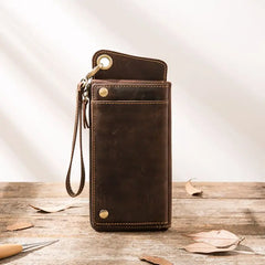 Vintage Men's Leather Clutch Wallet Top Crazy Horse Leather Zipper Phone Purse