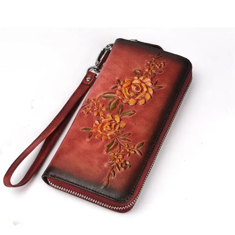 Female Engraving Embossing Leather Long Purse Red Brown