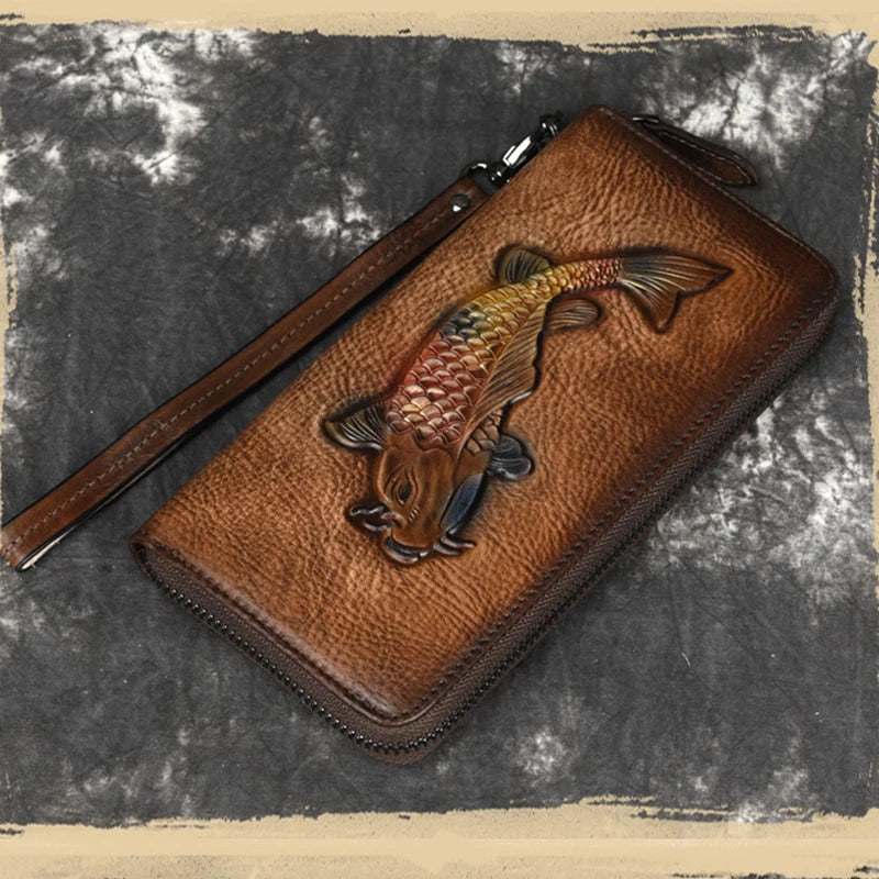 Female Engraving Embossing Leather Long Purse Red Brown
