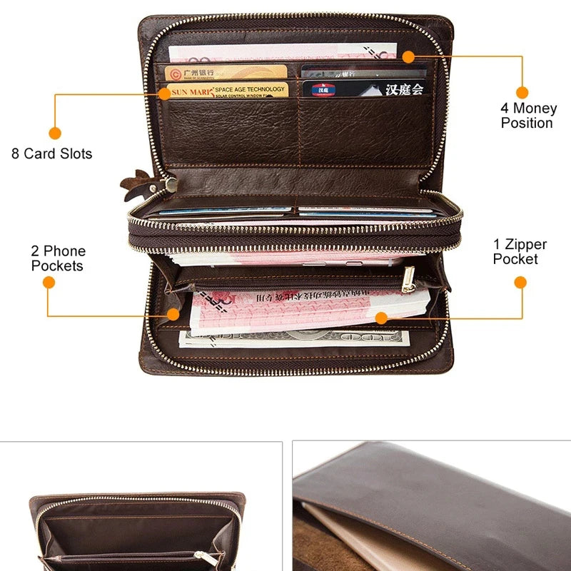 Men's Leather Clutch Wallet Double Zip Big Purse