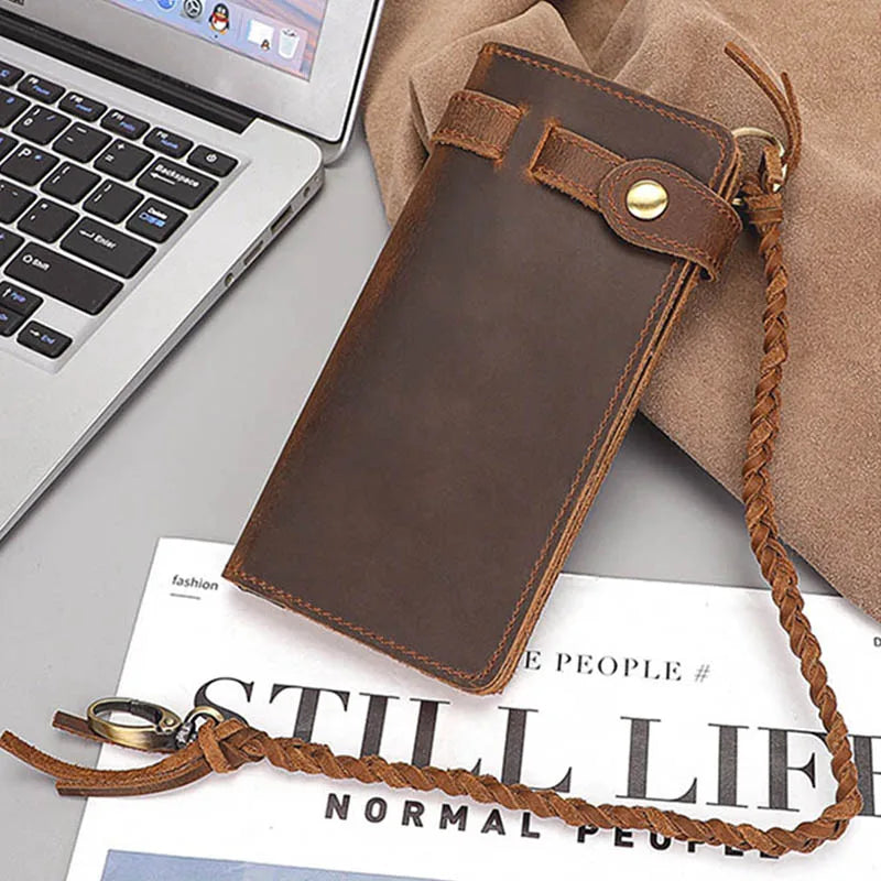Men's Leather Clutch Wallet with Chain Bifold Phone Purse