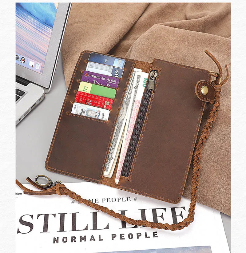 Men's Leather Clutch Wallet with Chain Bifold Phone Purse