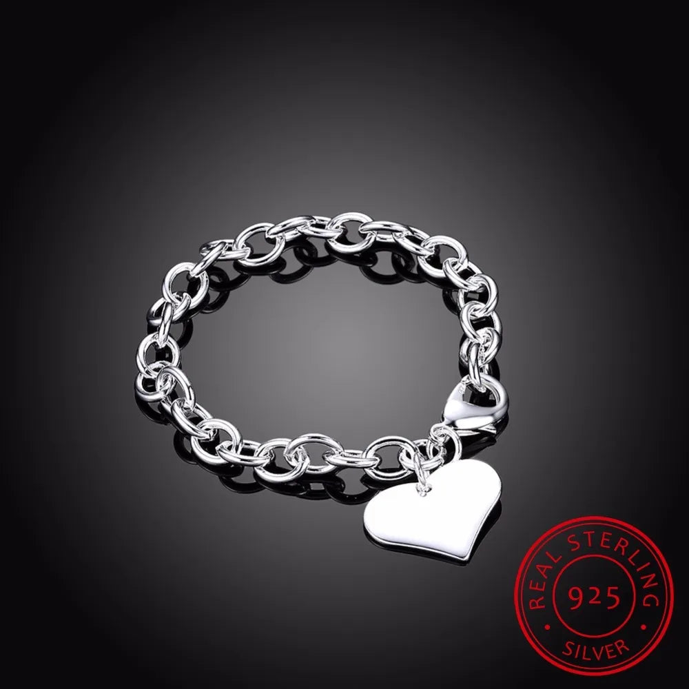 925 Sterling Silver Heart Charm Bracelet for Men Women