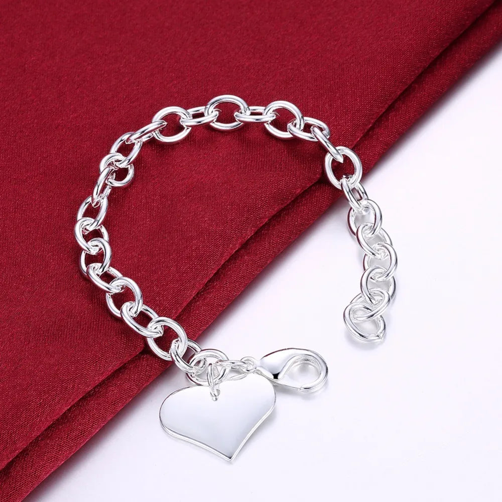 925 Sterling Silver Heart Charm Bracelet for Men Women