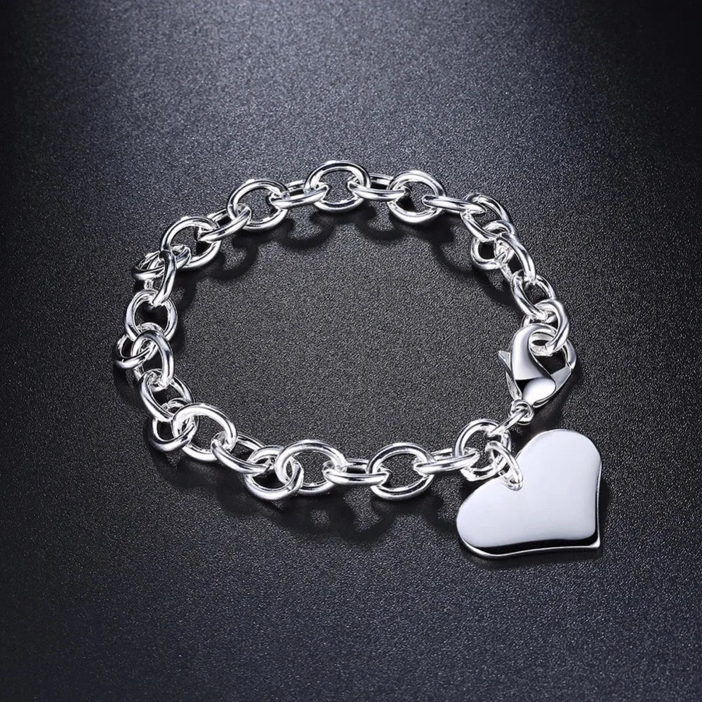 925 Sterling Silver Heart Charm Bracelet for Men Women