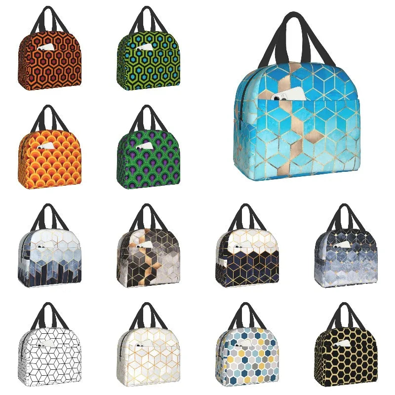 Geometric Pattern Insulated Lunch Tote Bag Portable Thermal Cooler Bento Box
