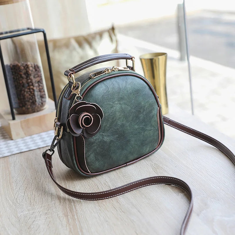 Vintage Leather Women Handbag Floral Shoulder Messenger Bag