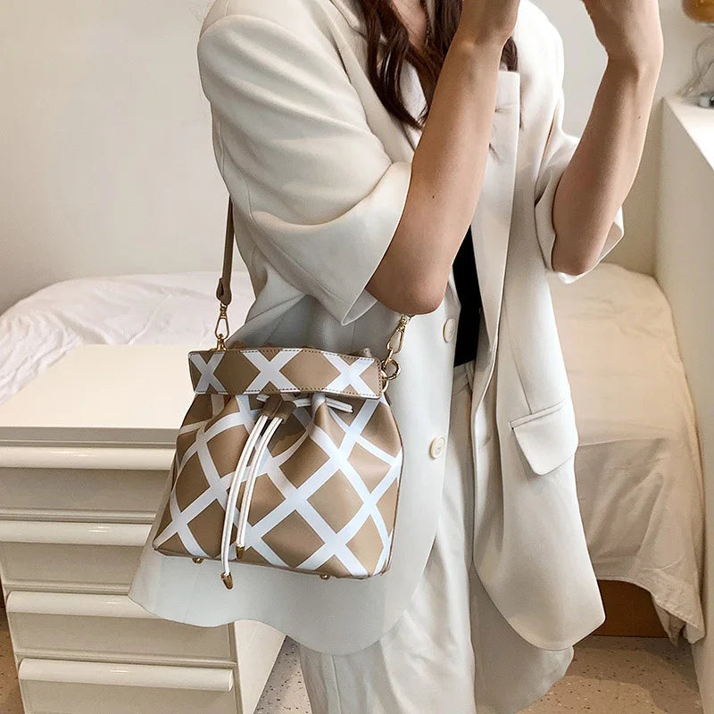 Leather Bucket Shoulder Bag Drawstring Handbag Small Crossbody Bag