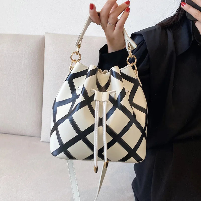 Leather Bucket Shoulder Bag Drawstring Handbag Small Crossbody Bag