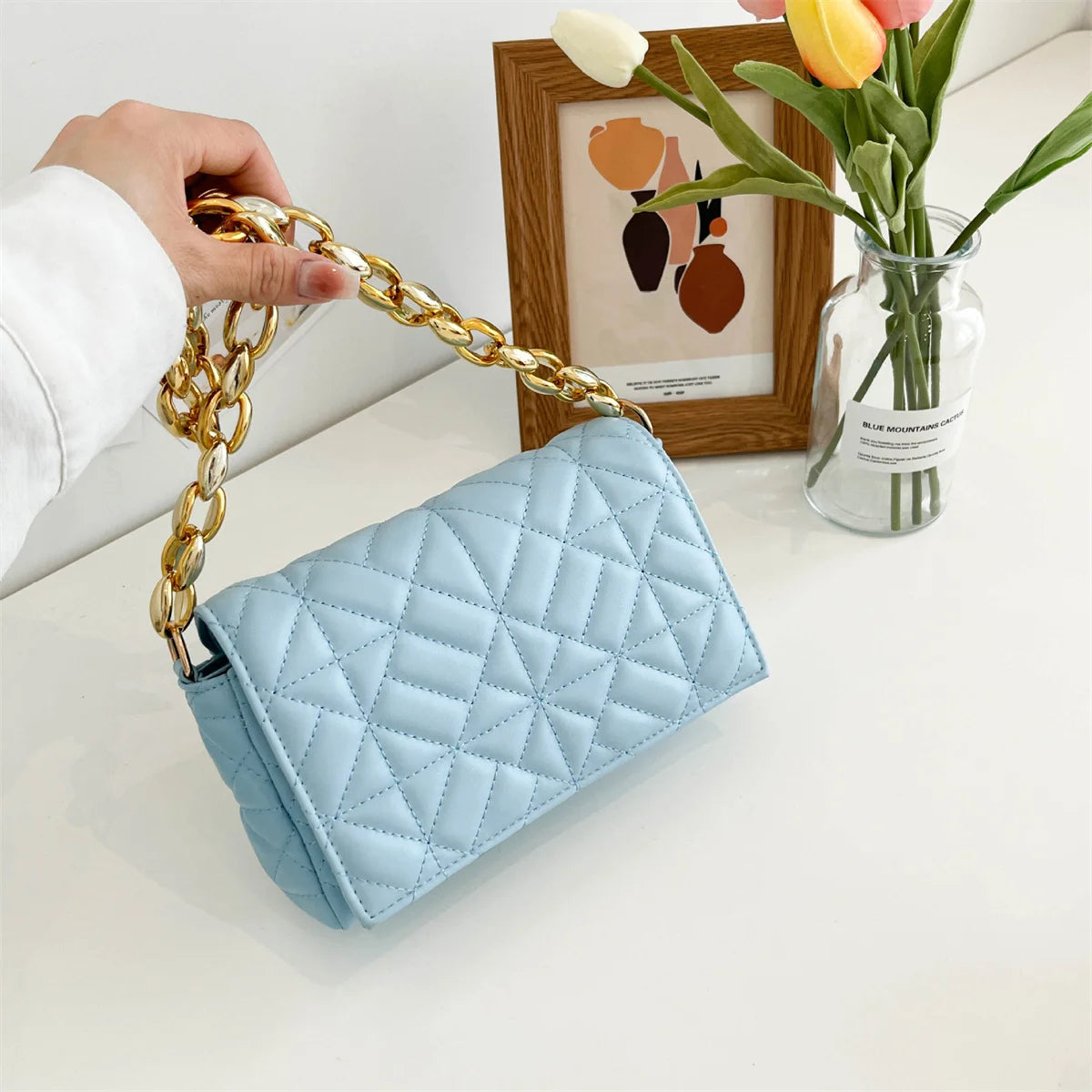 Solid Colors PU Leather Metal Chain Handbag