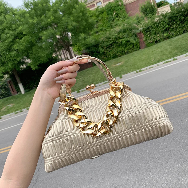 Thick Chain Shoulder Bag Metal Top-Handle Crossbody Tote