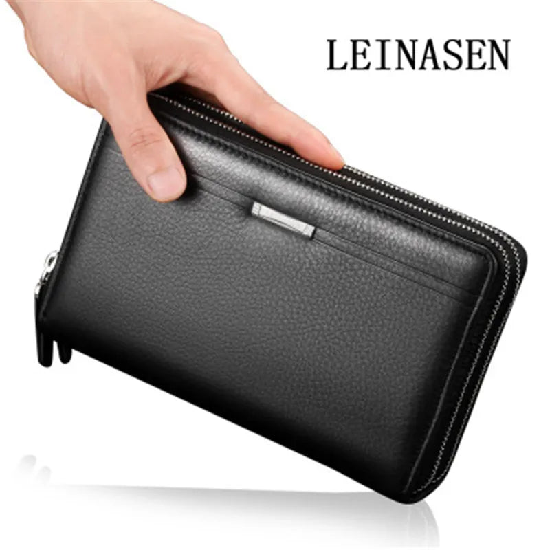 Brown Leather Double Zip Men Clutch Long Wallet Business Purse