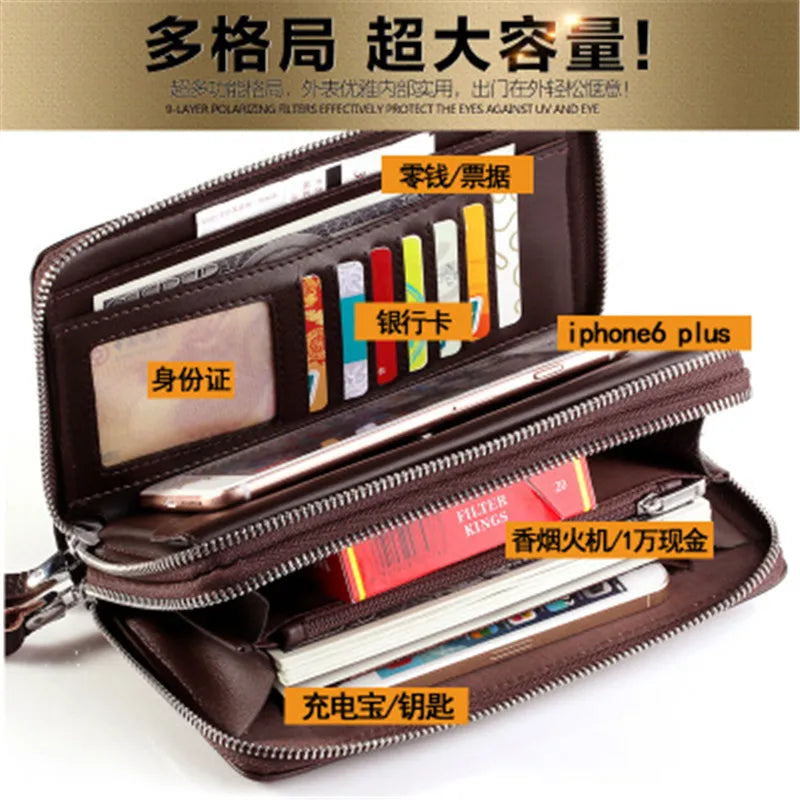 Brown Leather Double Zip Men Clutch Long Wallet Business Purse