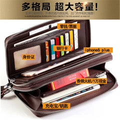 Brown Leather Double Zip Men Clutch Long Wallet Business Purse