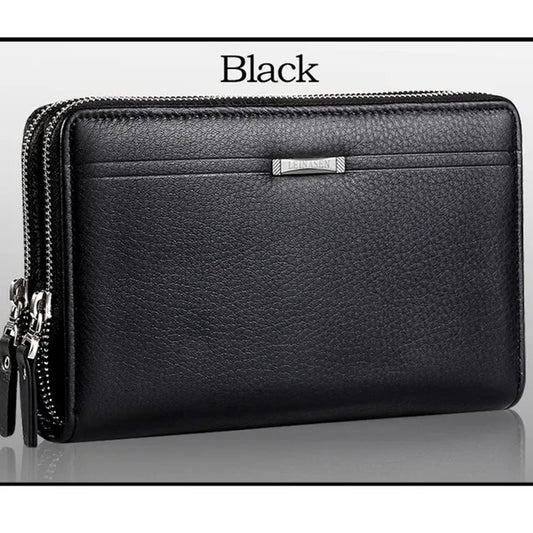 Men Clutch Bag Long Wallet Leather Double Zip Business Purse Brown