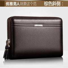 Brown Leather Double Zip Men Clutch Long Wallet Business Purse