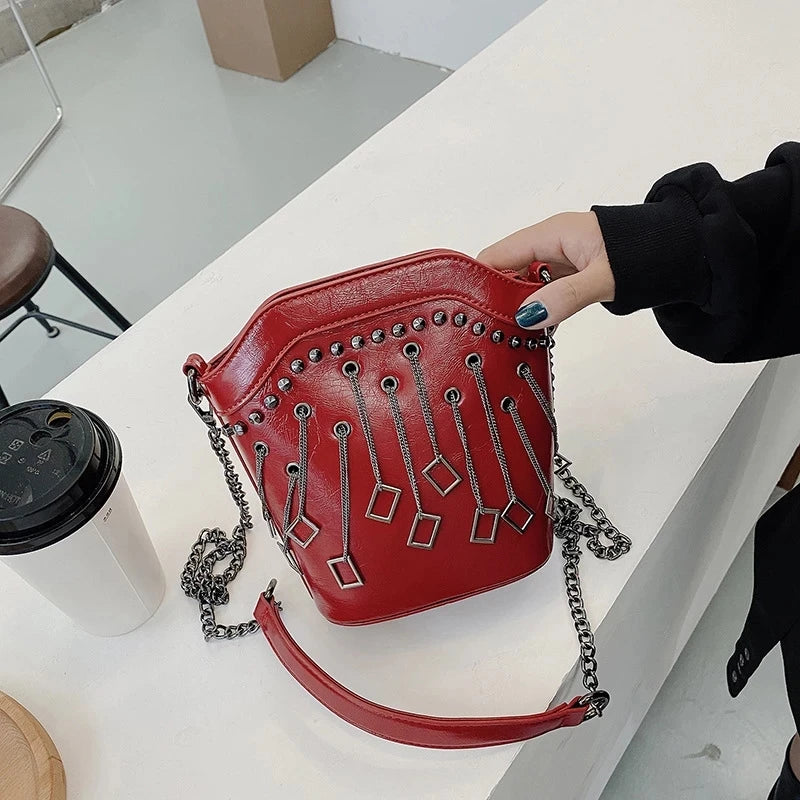 Rivet Bucket Bag Chain Tassel Crossbody Mini Purse Shoulder Bag