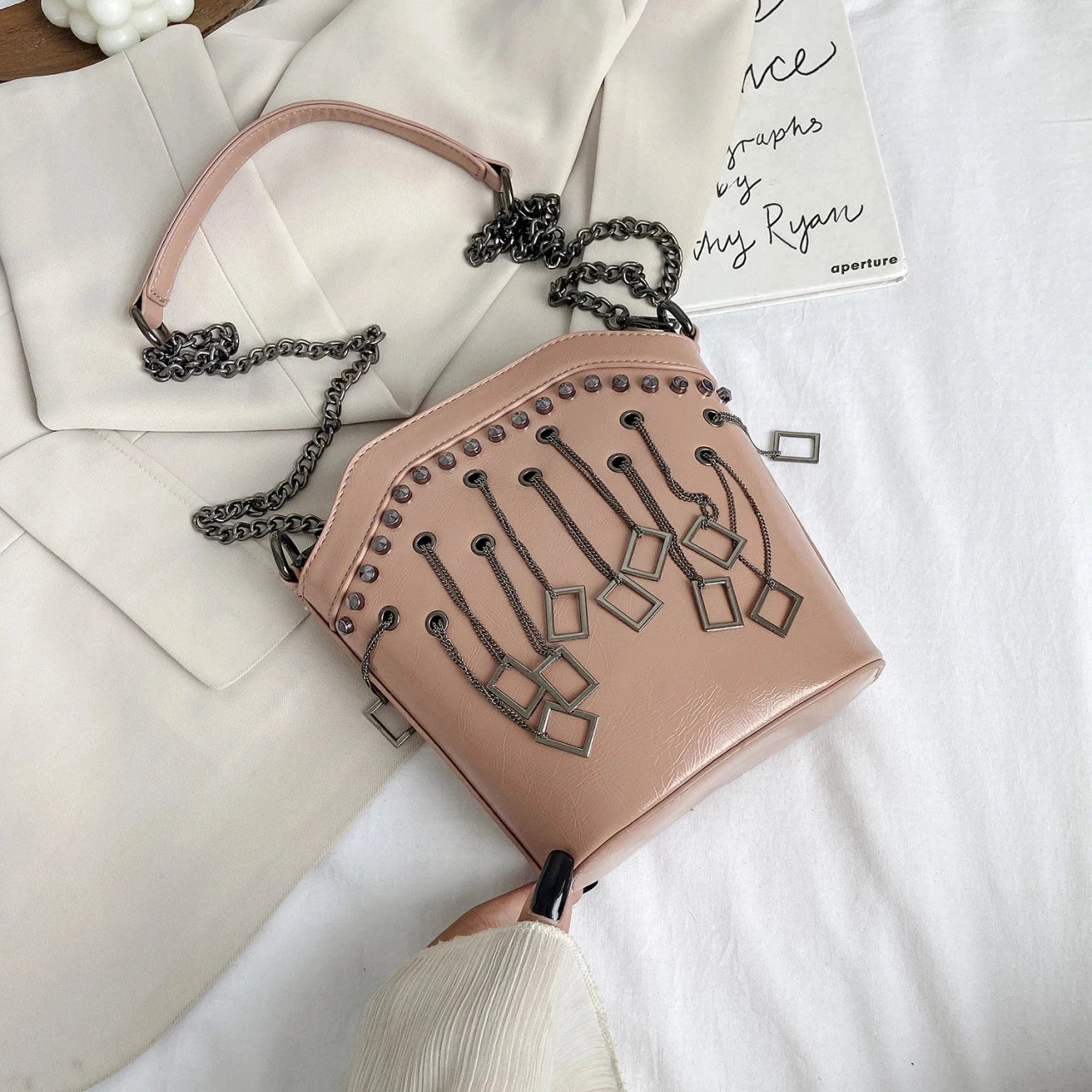 Rivet Bucket Bag Chain Tassel Crossbody Mini Purse Shoulder Bag