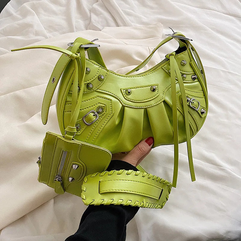 Rivet Half Moon Hobo Bags with Mini Purse Lady Shoulder Bag Punk Style Handbag