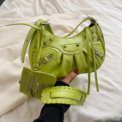 Rivet Half Moon Hobo Bags with Mini Purse Lady Shoulder Bag Punk Style Handbag