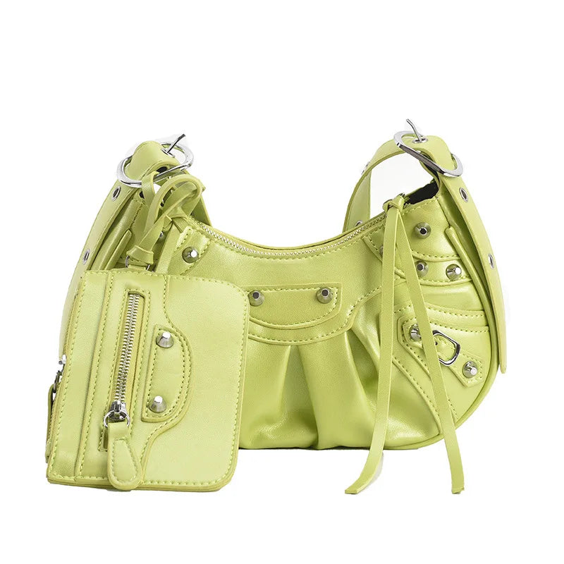 Rivet Half Moon Hobo Bags with Mini Purse Lady Shoulder Bag Punk Style Handbag