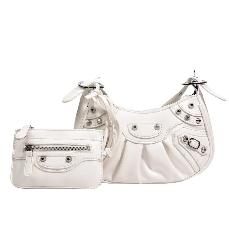 Rivet Half Moon Hobo Bags with Mini Purse Lady Shoulder Bag Punk Style Handbag