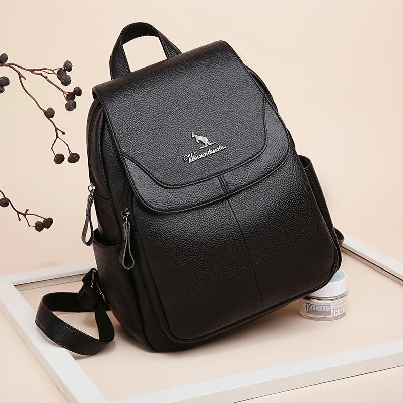 Women Leather School Backpack High Capacity Travel Bag
