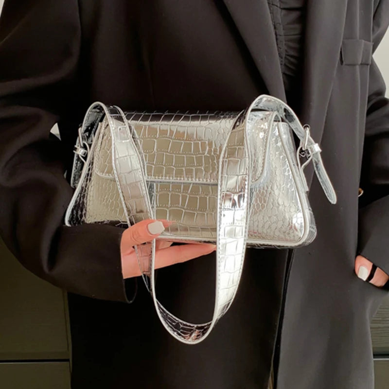 Women Crocodile Leather Shoulder Bag Armpit Handbag Crossbody Evening Clutch