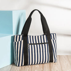 Eco Striped Canvas Shoulder Bag for Women - Big Tote Handbag