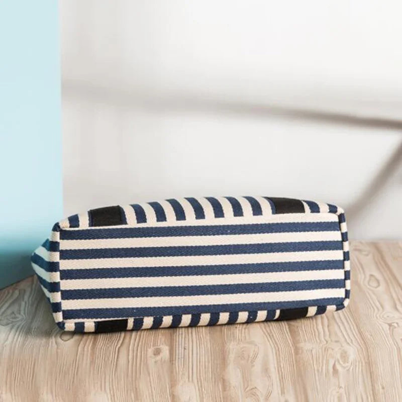 Eco Striped Canvas Shoulder Bag for Women - Big Tote Handbag