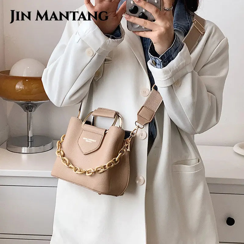 Women's Leather Bucket Bag Crossbody Chain Tote Handbag
