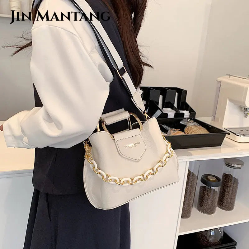 Women's Leather Bucket Bag Crossbody Chain Tote Handbag
