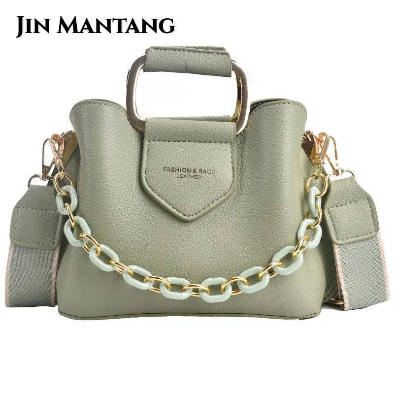 Women's Leather Bucket Bag Crossbody Chain Tote Handbag