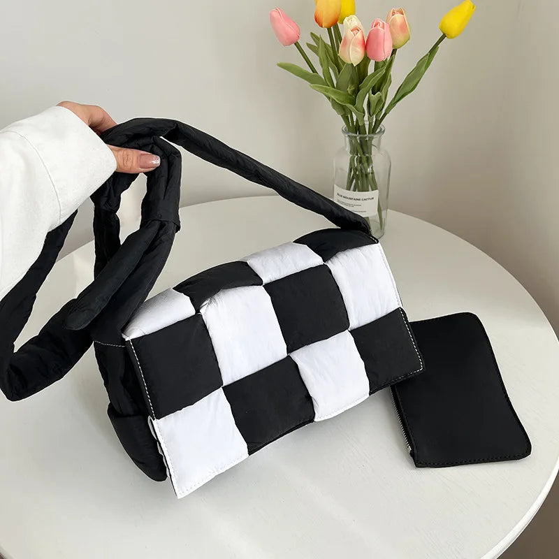 Plaid Down Shoulder Bag Cotton Crossbody Bags Warm Soft Handbags Purses Tote