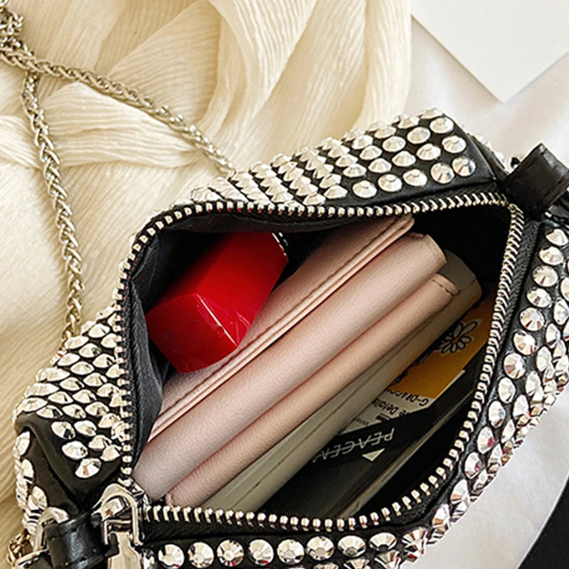 Bright Diamond Shoulder Bag Women PU Leather Chains Messenger Handbag