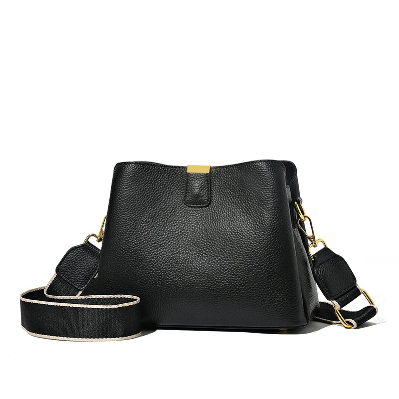 Cow Leather Women Shoulder Crossbody Bag 3 Layer Ladies Small Bucket Handbag