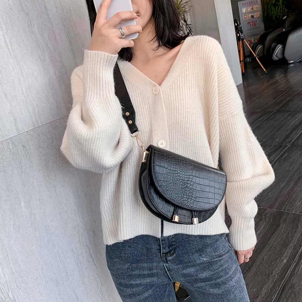 Crocodile Pattern Crossbody Bag PU Leather Half Round Messenger Shoulder Bag