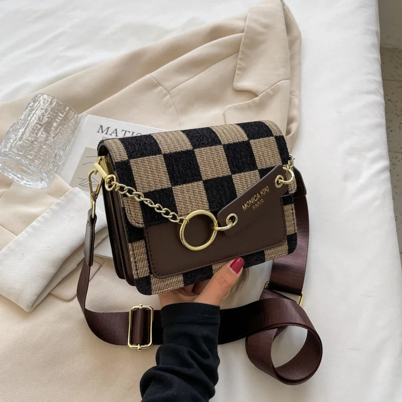 Plaid One Shoulder Crossbody Bag Retro Style Handbag