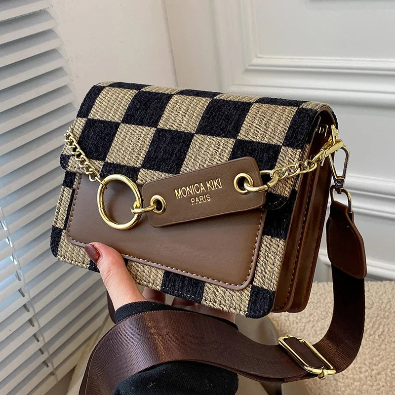 Plaid One Shoulder Crossbody Bag Retro Style Handbag